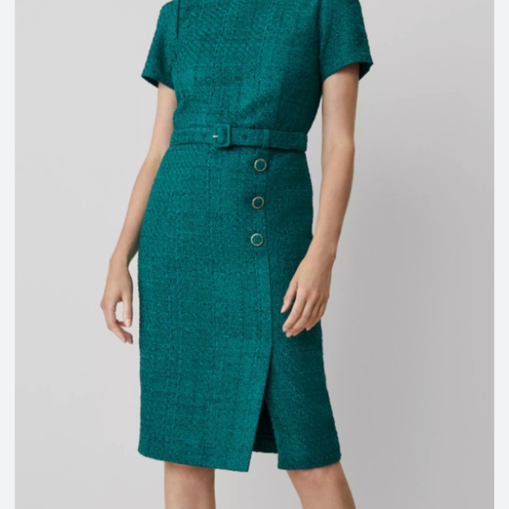 Ann Taylor Teal Tweed Midi Dress with Belt
